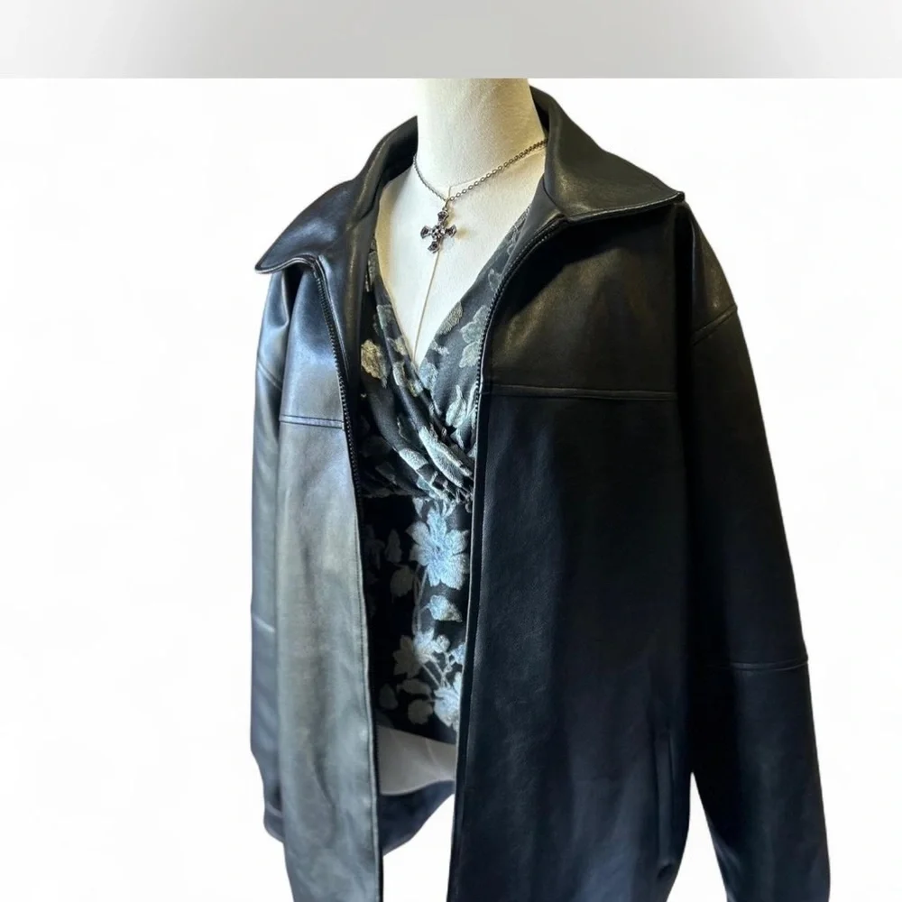 Black Classic Zip Up Leather Jacket Oversized Men's Medium Vintage | MGM